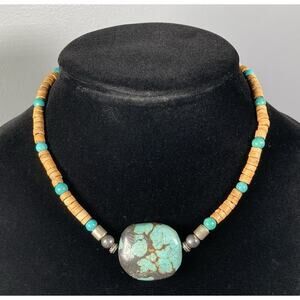 Vintage Tibetan Turquoise & Coconut Shell Collar Necklace Silver Clasp 15.5”